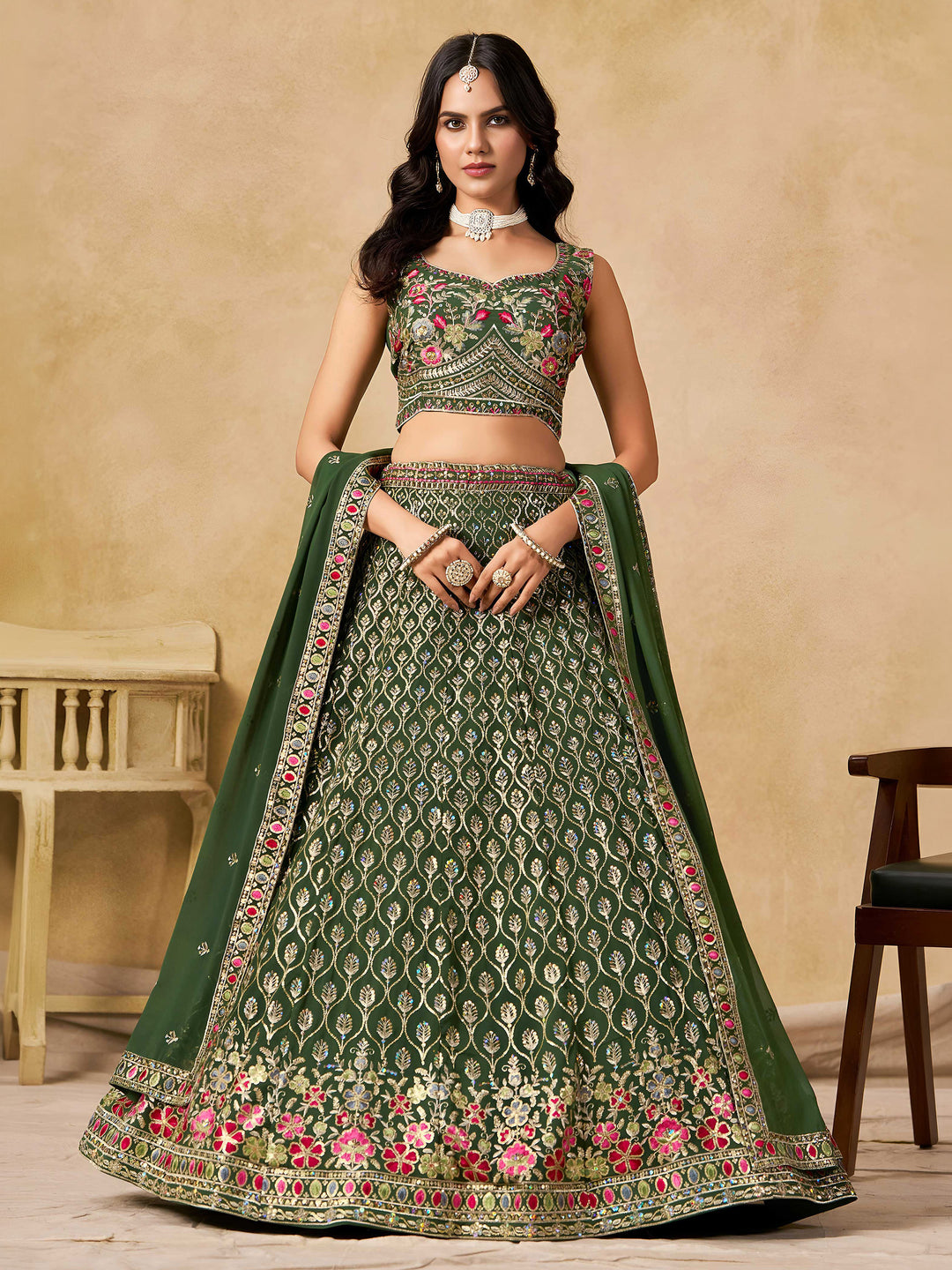 Green Georgette Embroidered Semi Stitched Lehenga Choli with Dupatta