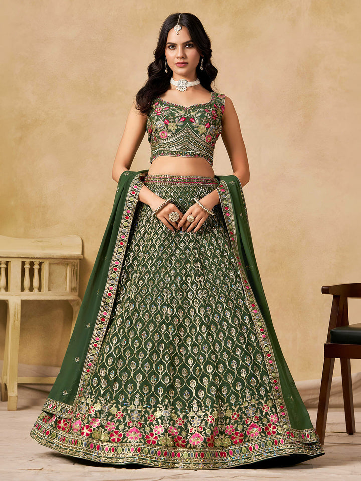 Green Georgette Embroidered Semi Stitched Lehenga Choli with Dupatta