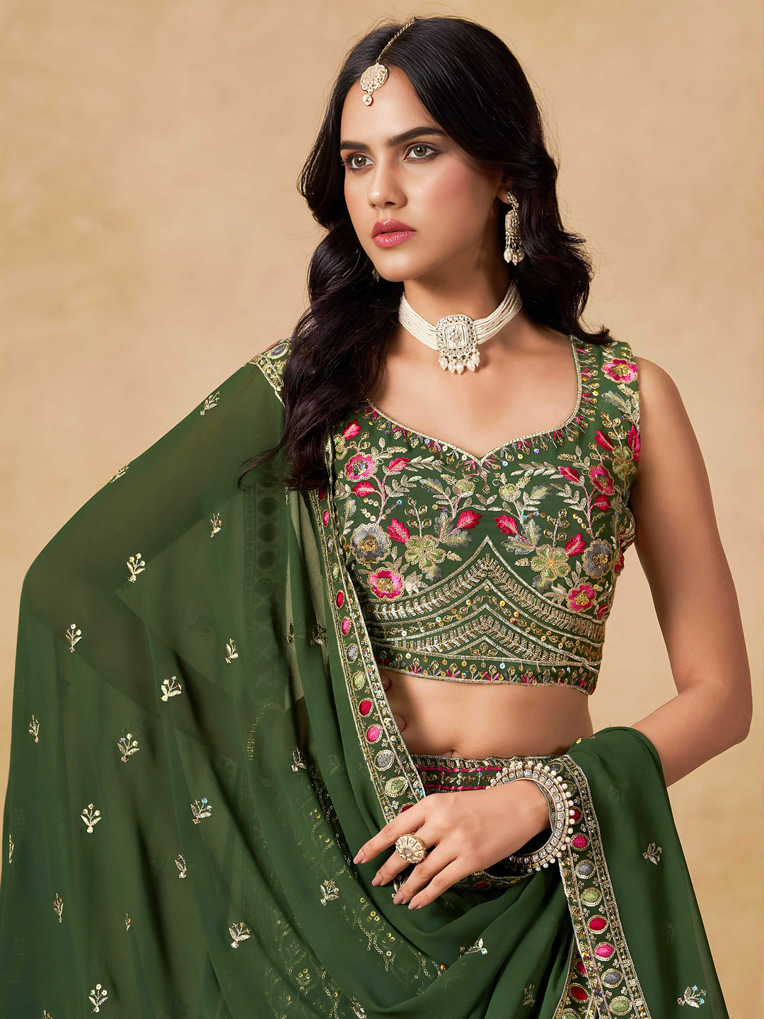 Green Georgette Embroidered Semi Stitched Lehenga Choli with Dupatta