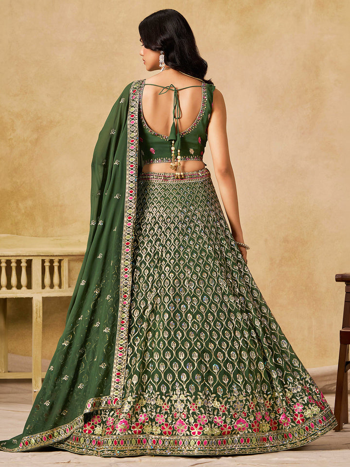 Green Georgette Embroidered Semi Stitched Lehenga Choli with Dupatta