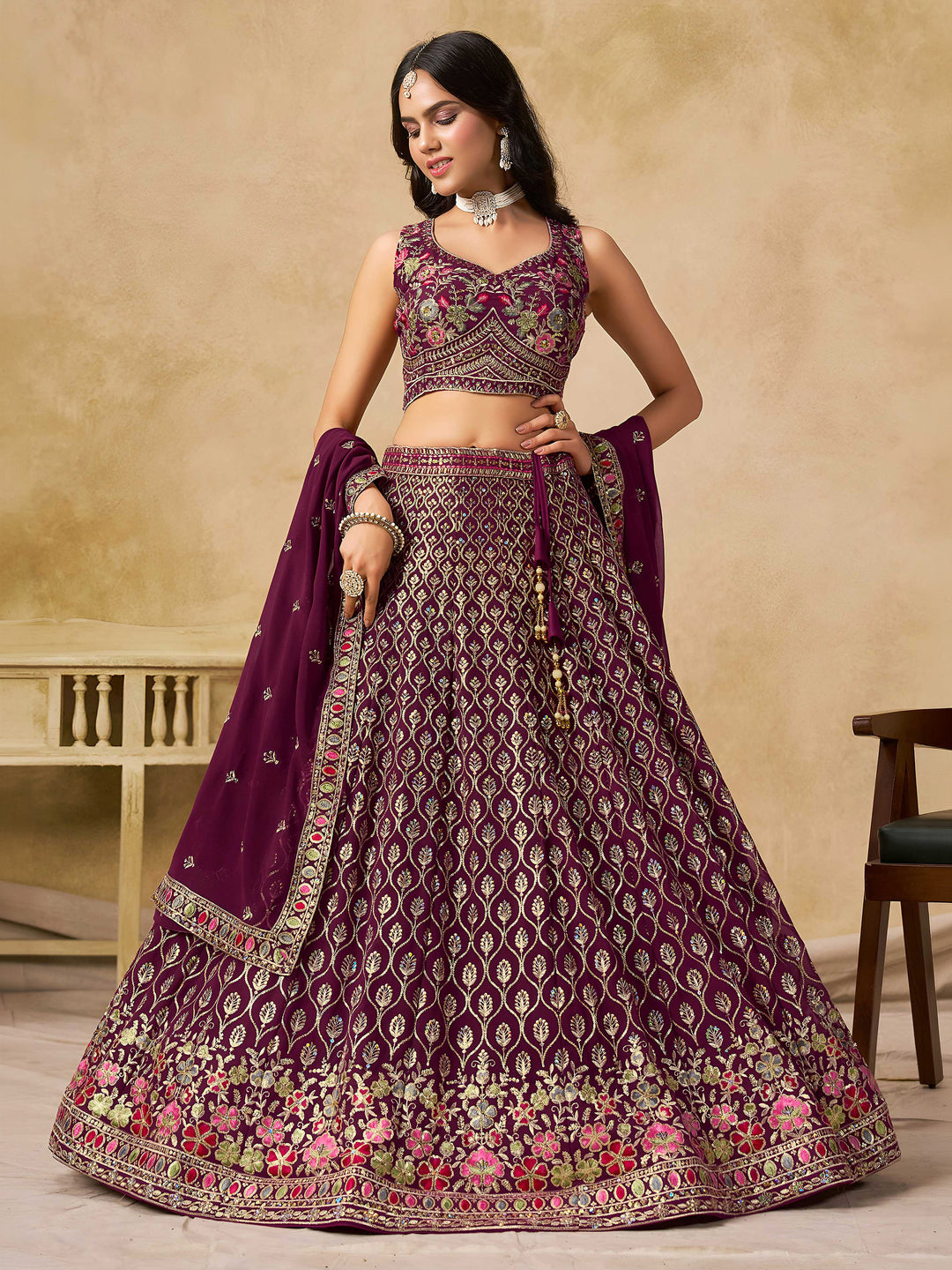 Maroon Georgette Embroidered Semi Stitched Lehenga Choli with Dupatta