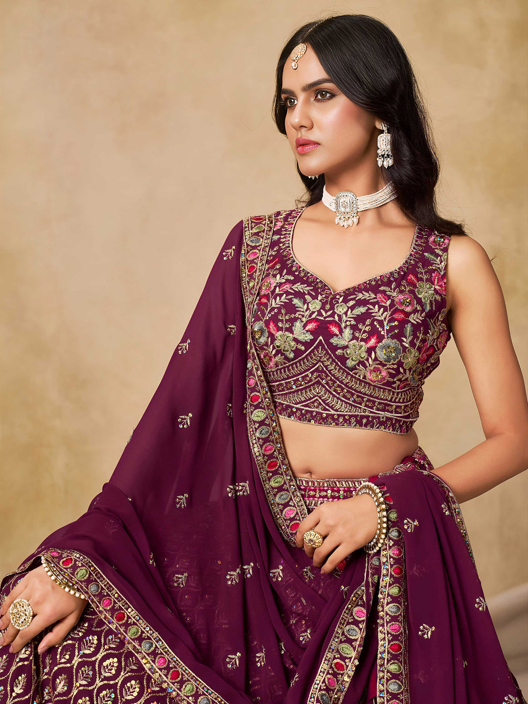Maroon Georgette Embroidered Semi Stitched Lehenga Choli with Dupatta
