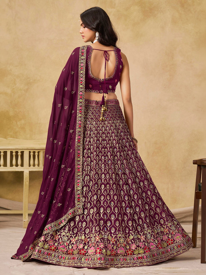 Maroon Georgette Embroidered Semi Stitched Lehenga Choli with Dupatta