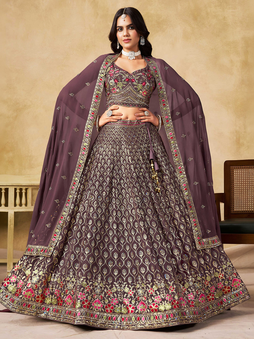 Purple Georgette Embroidered Semi Stitched Lehenga Choli with Dupatta