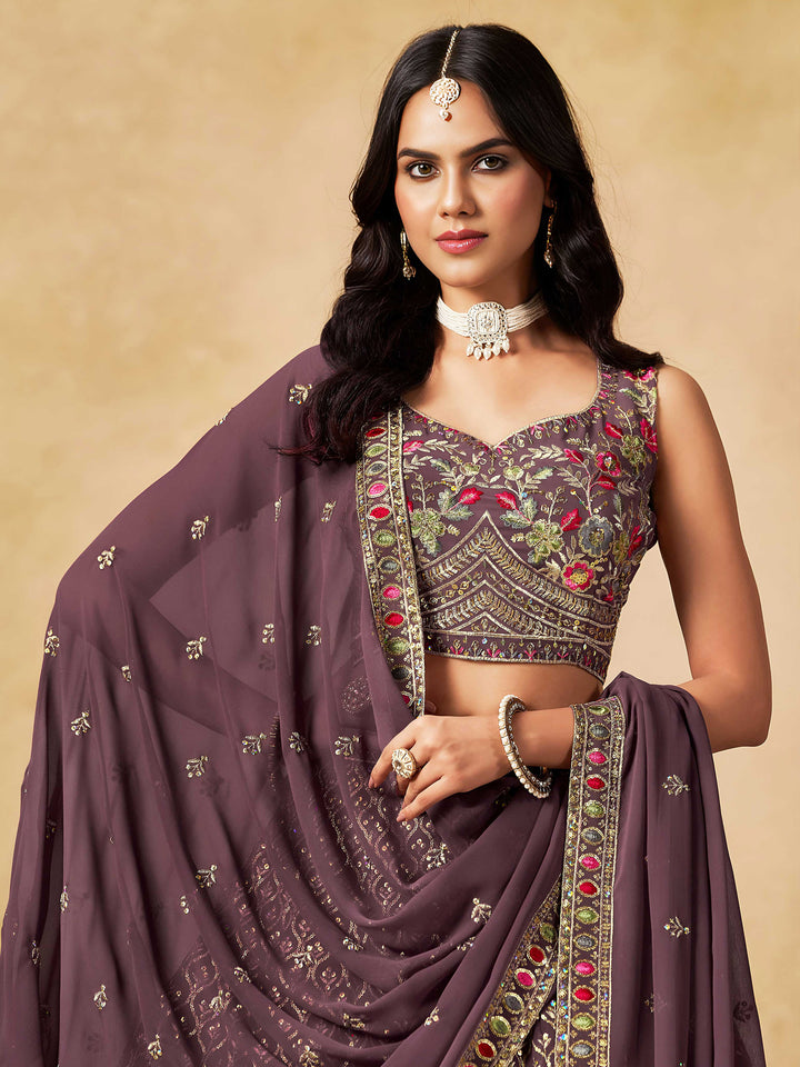 Purple Georgette Embroidered Semi Stitched Lehenga Choli with Dupatta