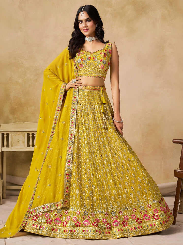 Yellow Georgette Embroidered Semi Stitched Lehenga Choli with Dupatta