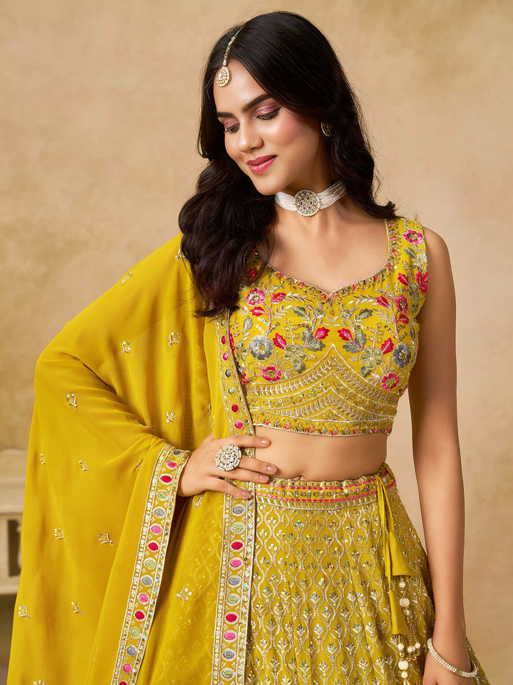 Yellow Georgette Embroidered Semi Stitched Lehenga Choli with Dupatta