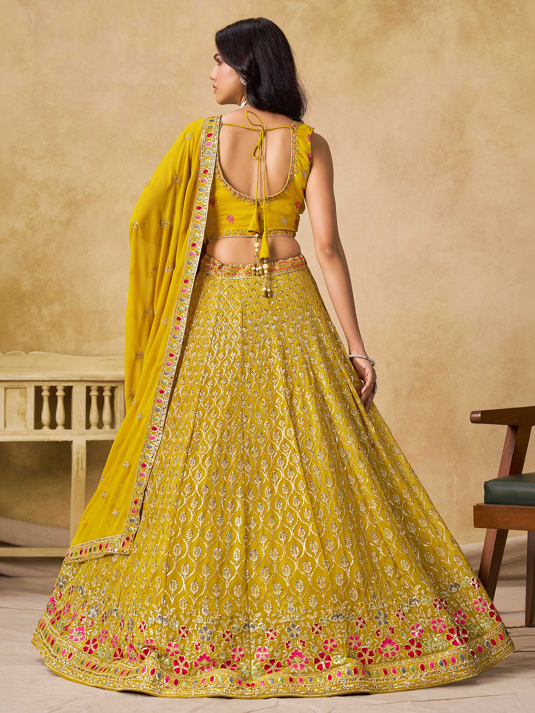 Yellow Georgette Embroidered Semi Stitched Lehenga Choli with Dupatta