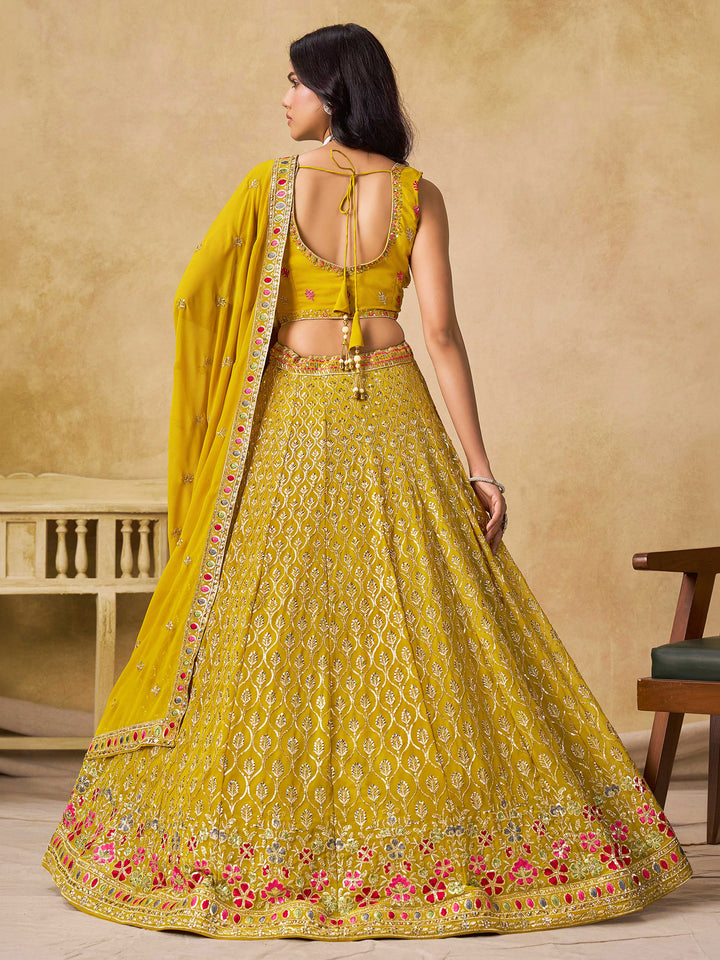 Yellow Georgette Embroidered Semi Stitched Lehenga Choli with Dupatta
