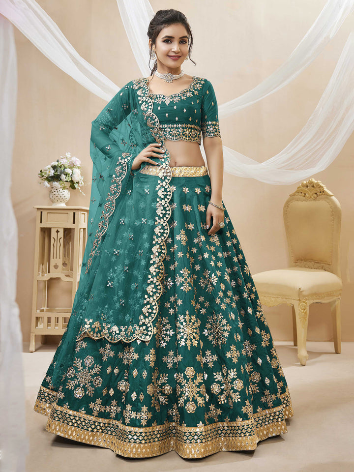 Green Art Silk Embroidered Semi Stitched Lehenga Choli with Dupatta