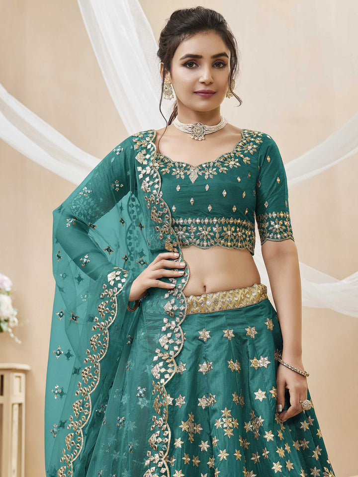 Green Art Silk Embroidered Semi Stitched Lehenga Choli with Dupatta