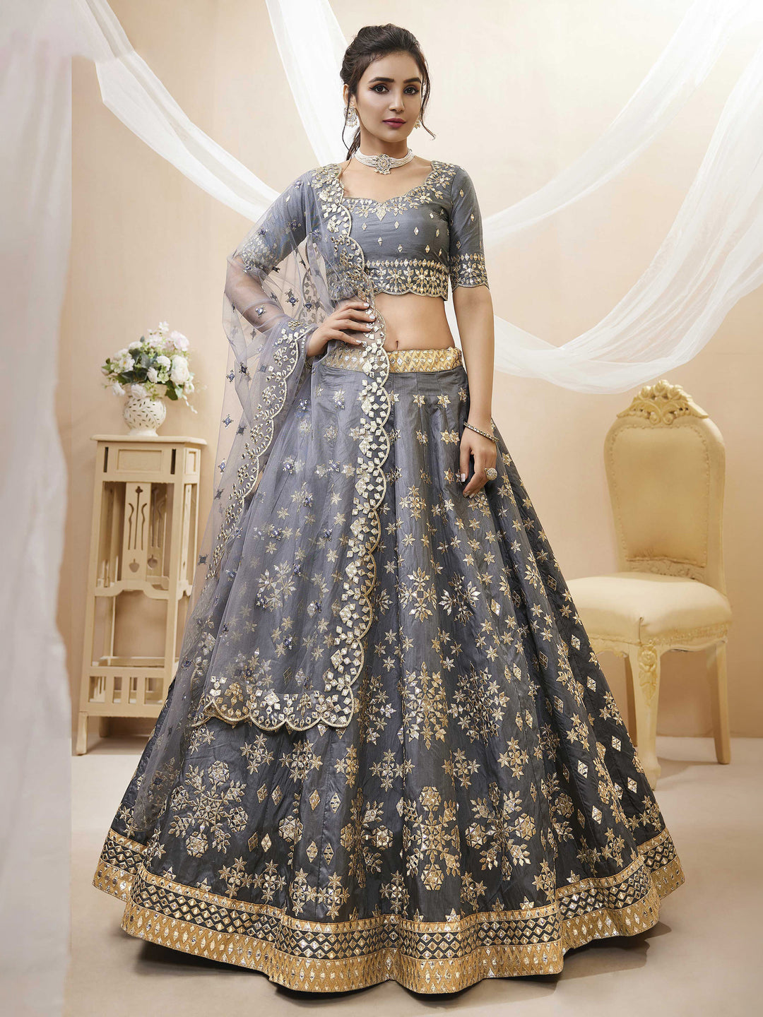 Grey Art Silk Embroidered Semi Stitched Lehenga Choli with Dupatta