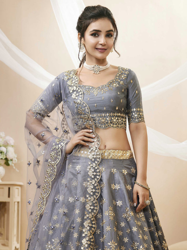 Grey Art Silk Embroidered Semi Stitched Lehenga Choli with Dupatta