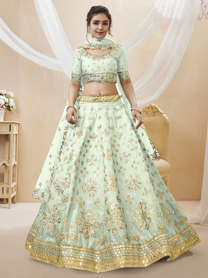 Pista-Green Art Silk Embroidered Semi Stitched Lehenga Choli with Dupatta