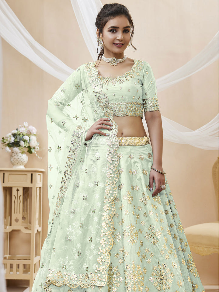 Pista-Green Art Silk Embroidered Semi Stitched Lehenga Choli with Dupatta