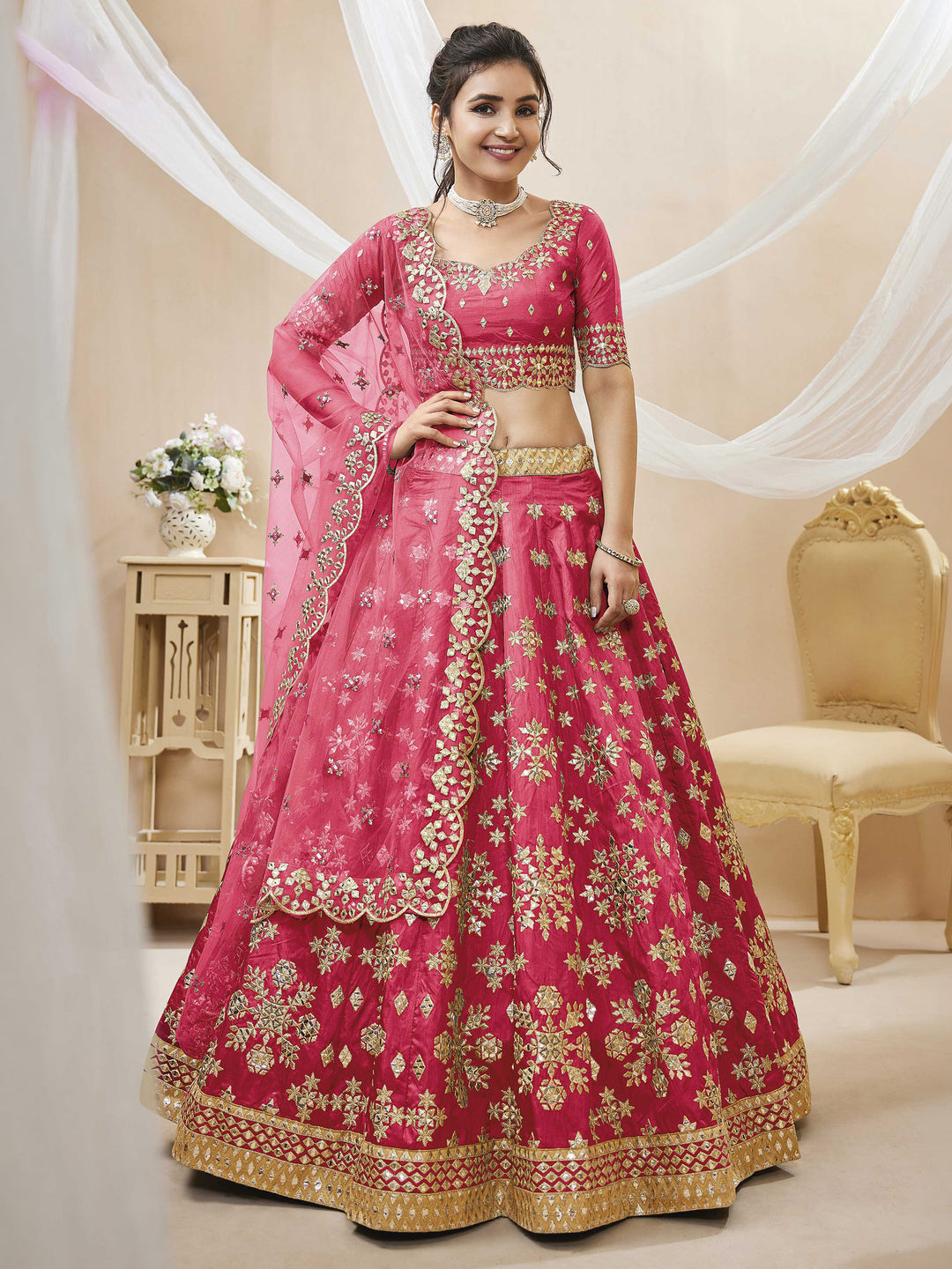 Pink Art Silk Embroidered Semi Stitched Lehenga Choli with Dupatta