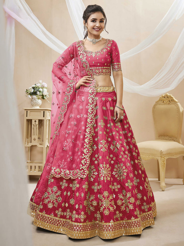 Pink Art Silk Embroidered Semi Stitched Lehenga Choli with Dupatta