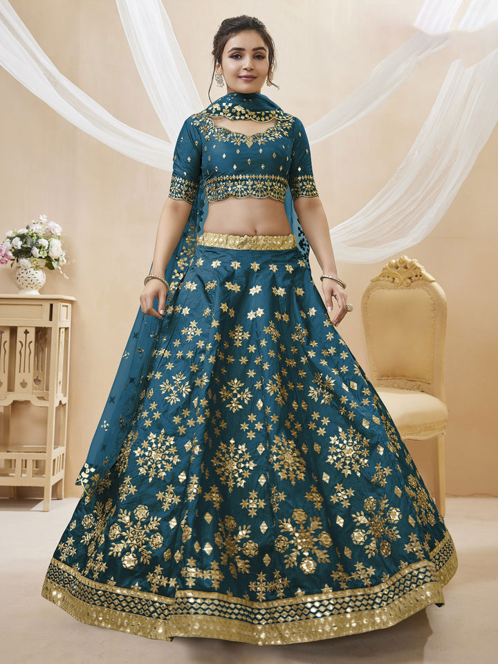 Blue Art Silk Embroidered Semi Stitched Lehenga Choli with Dupatta