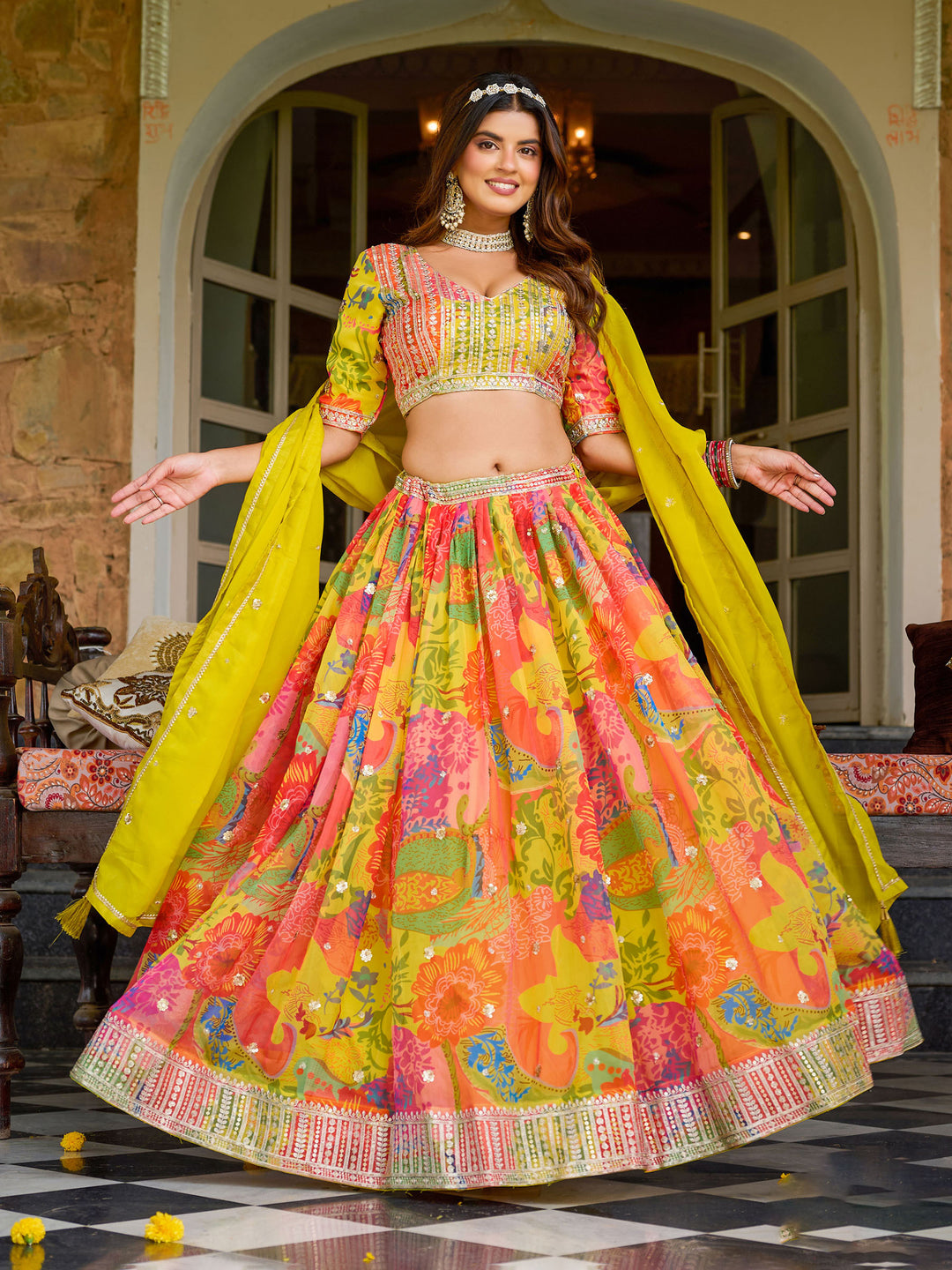 Yellow Embroidered Oaganza Semi Stitched Kurta Choli With Lehenga &amp; Dupatta