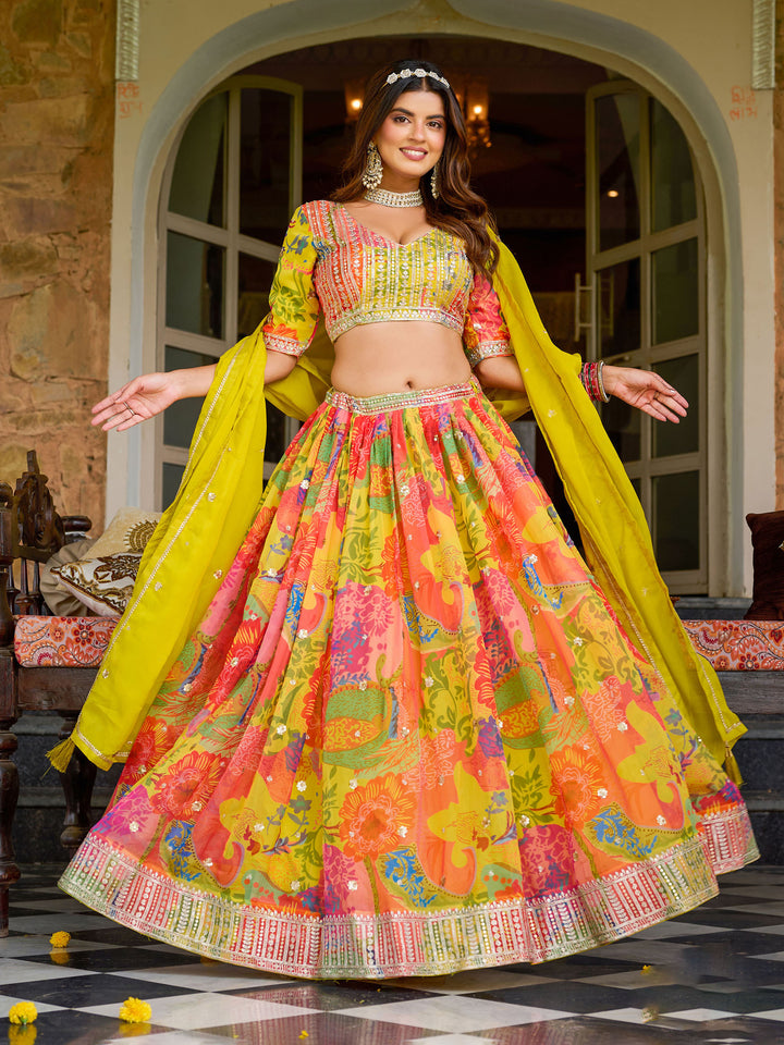 Yellow Embroidered Oaganza Semi Stitched Kurta Choli With Lehenga &amp; Dupatta