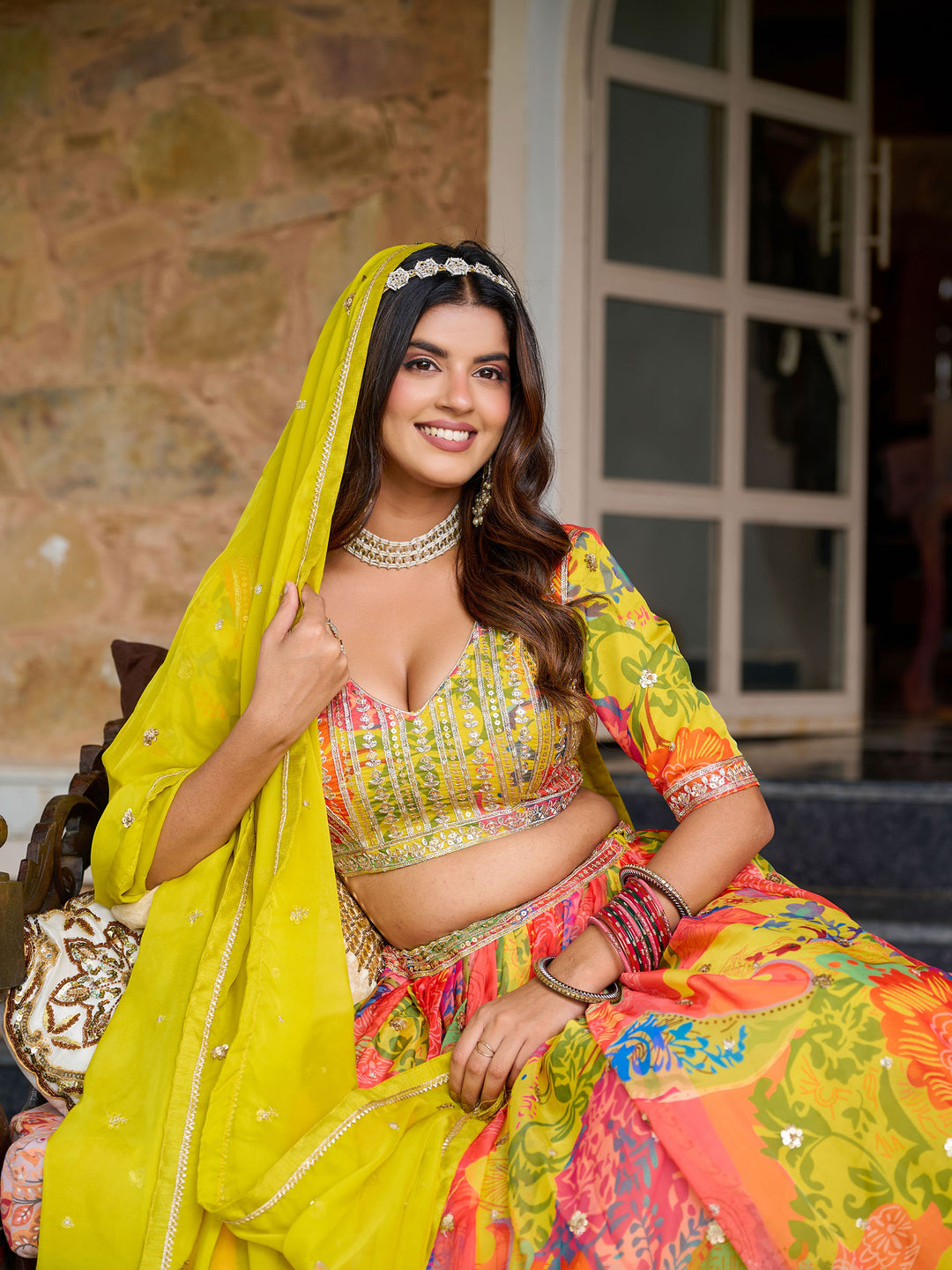 Yellow Embroidered Oaganza Semi Stitched Kurta Choli With Lehenga &amp; Dupatta