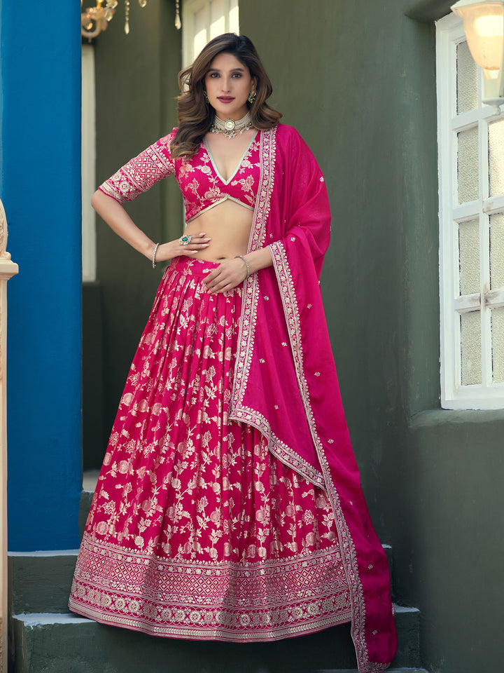 Pink Embroidered Dola Silk Semi Stitched Kurta Choli With Lehenga &amp; Dupatta