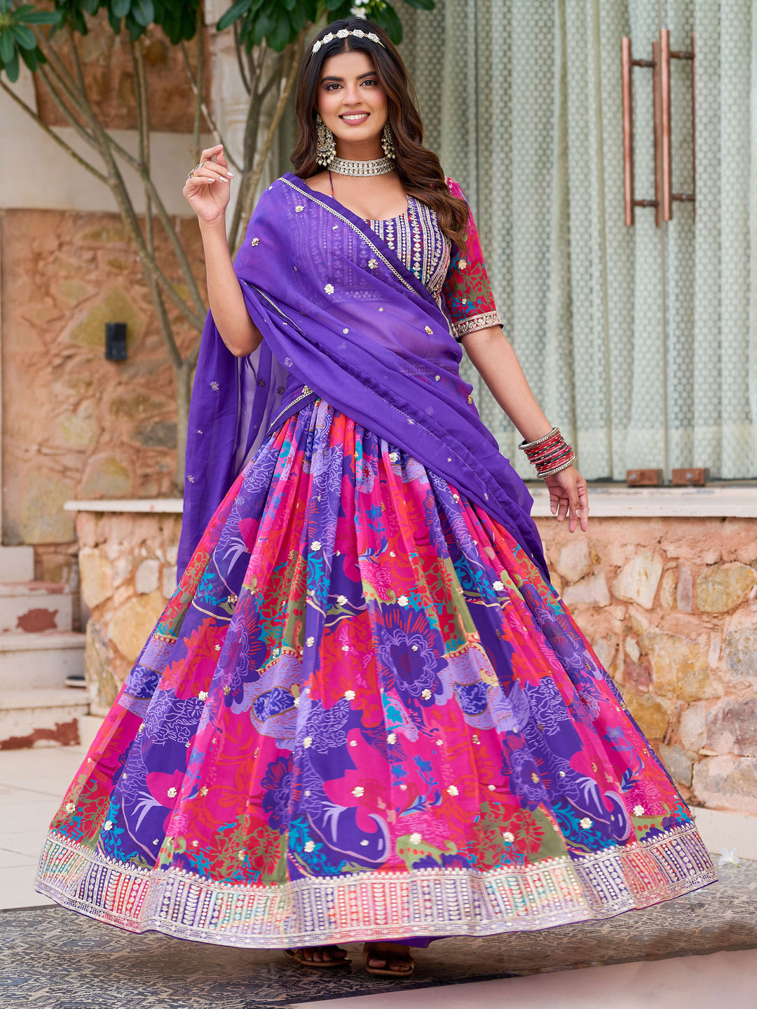Purple Embroidered Oaganza Semi Stitched Kurta Choli With Lehenga &amp; Dupatta