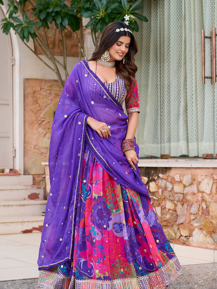 Purple Embroidered Oaganza Semi Stitched Kurta Choli With Lehenga &amp; Dupatta