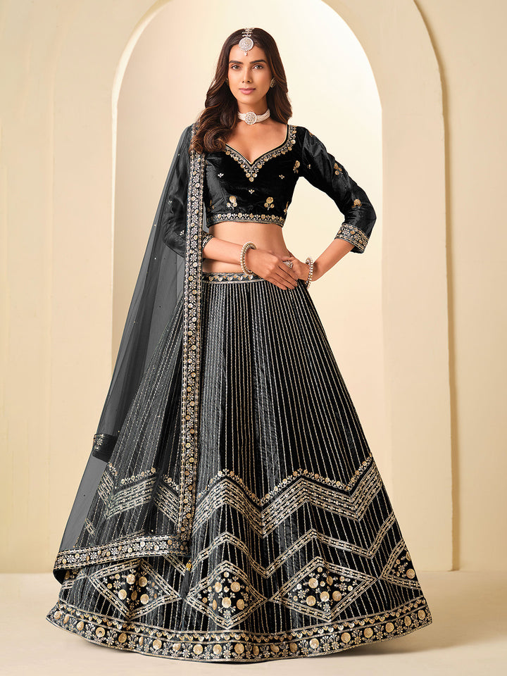 Black Embroidered Net Semi Stitched Blouse Lehenga &amp; Dupatta
