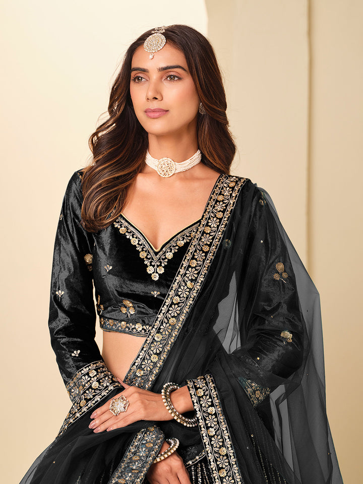 Black Embroidered Net Semi Stitched Blouse Lehenga &amp; Dupatta
