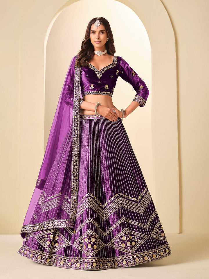 Purple Embroidered Valvet Semi Stitched Kurta Choli With Lehenga &amp; Dupatta