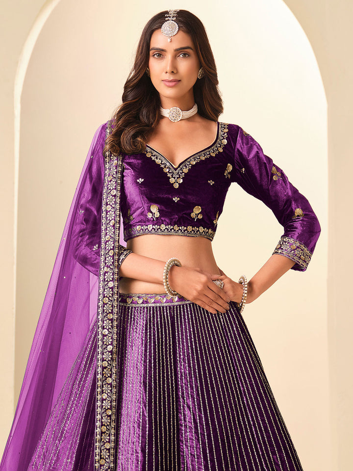 Purple Embroidered Valvet Semi Stitched Kurta Choli With Lehenga &amp; Dupatta