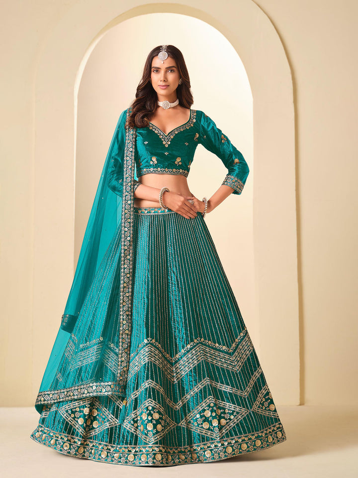 Teal Green Embroidered Valvet Semi Stitched Kurta Choli With Lehenga &amp; Dupatta