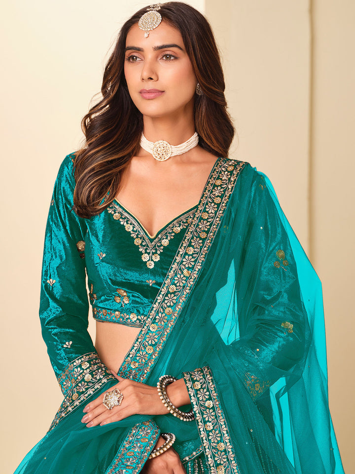 Teal Green Embroidered Valvet Semi Stitched Kurta Choli With Lehenga &amp; Dupatta