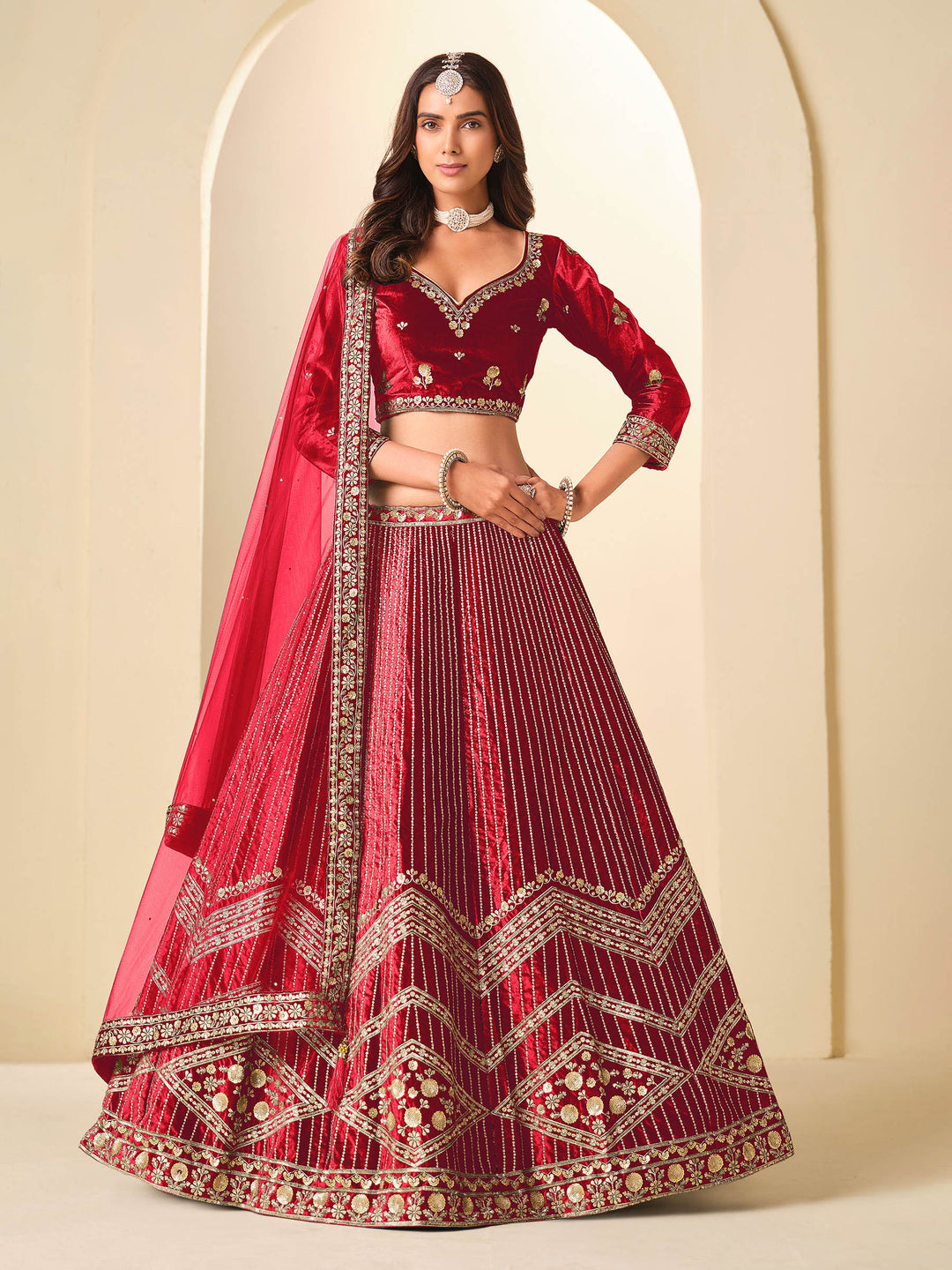 Rani Embroidered Valvet Semi Stitched Kurta Choli With Lehenga &amp; Dupatta