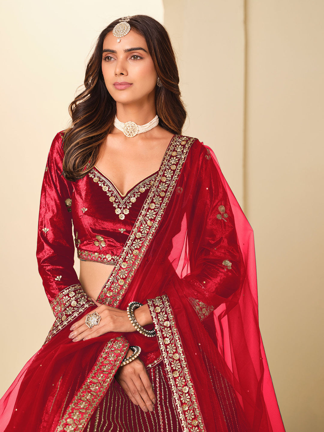 Rani Embroidered Valvet Semi Stitched Kurta Choli With Lehenga &amp; Dupatta