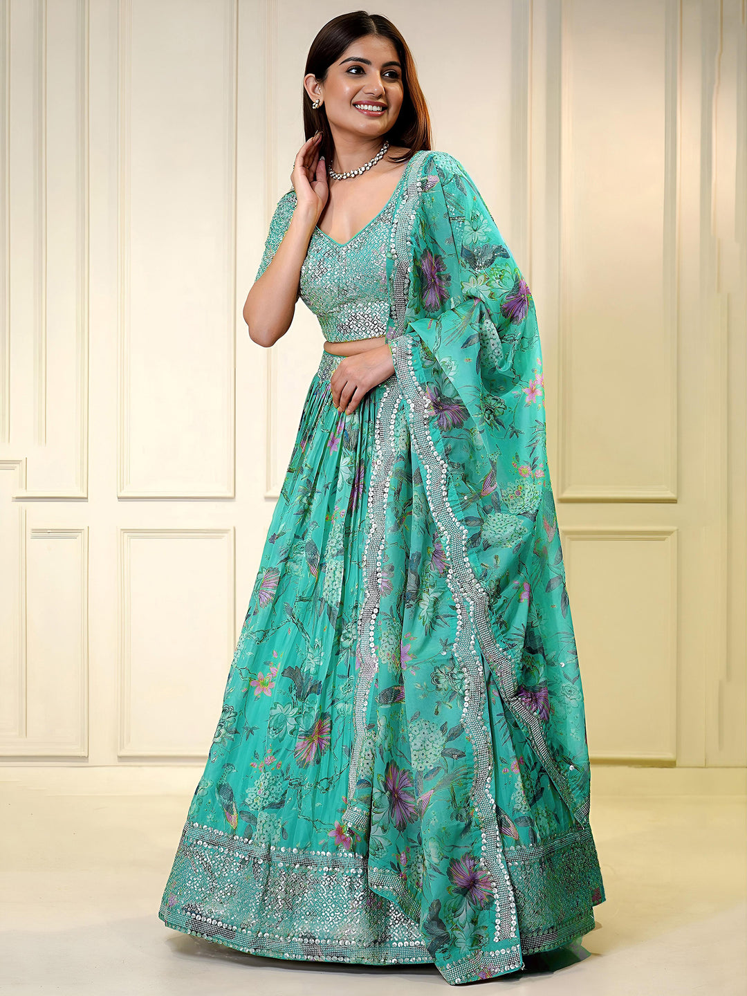 Blue Organza Embroidered Semi Stitched Lehenga Choli with Dupatta