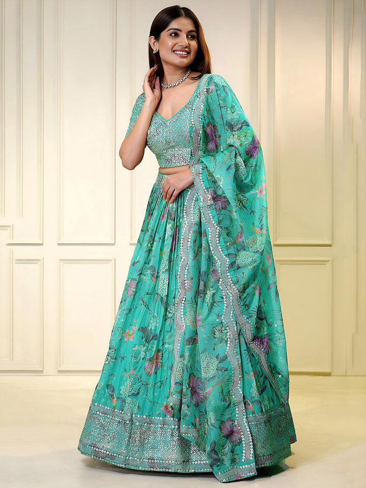 Blue Organza Embroidered Semi Stitched Lehenga Choli with Dupatta