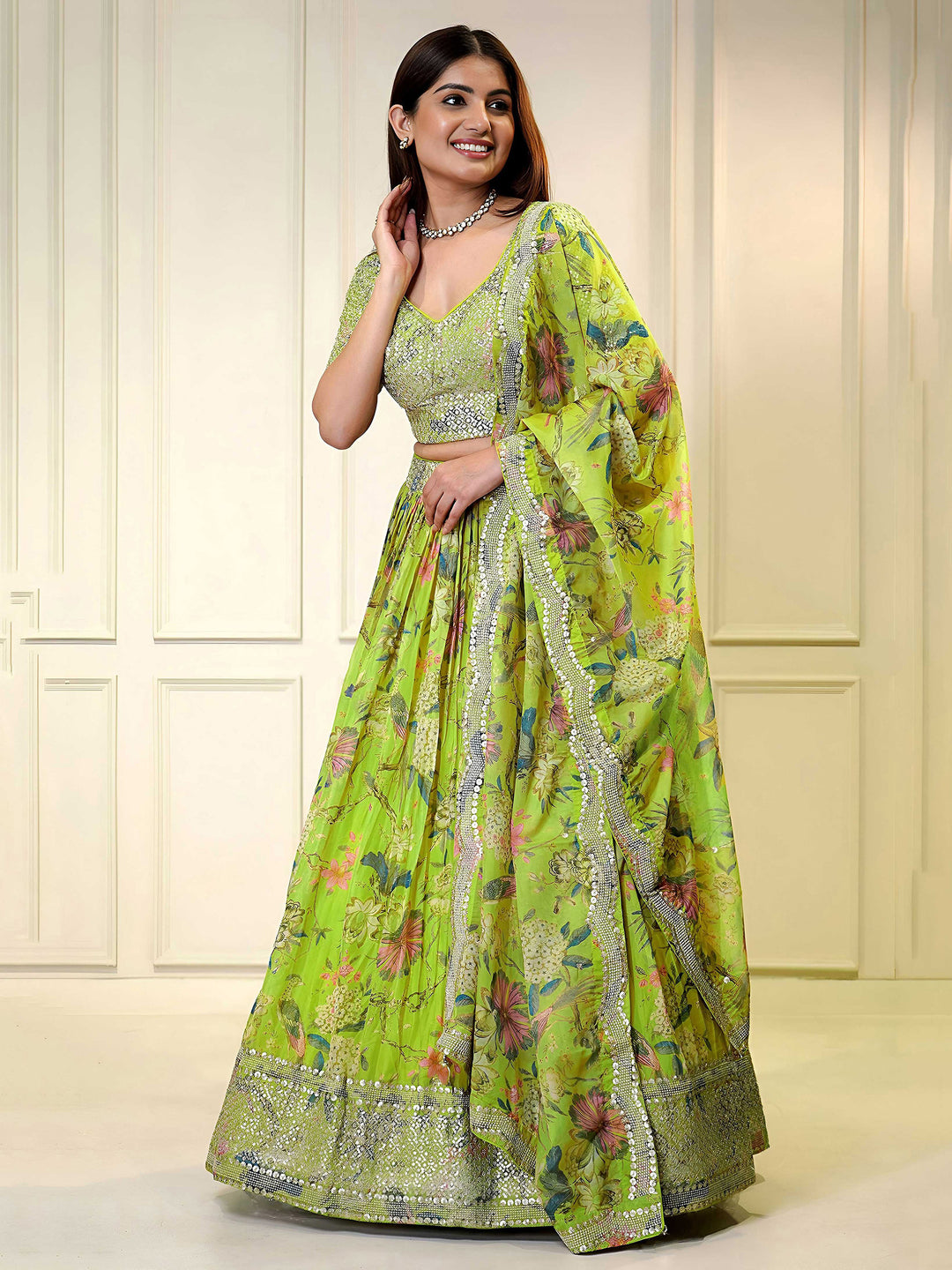 Lime-Green Organza Embroidered Semi Stitched Lehenga Choli with Dupatta