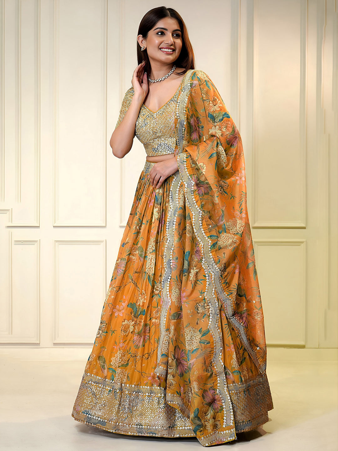 Orange Organza Embroidered Semi Stitched Lehenga Choli with Dupatta