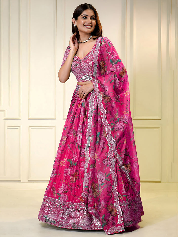 Pink Organza Embroidered Semi Stitched Lehenga Choli with Dupatta