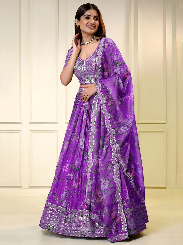 Purple Organza Embroidered Semi Stitched Lehenga Choli with Dupatta