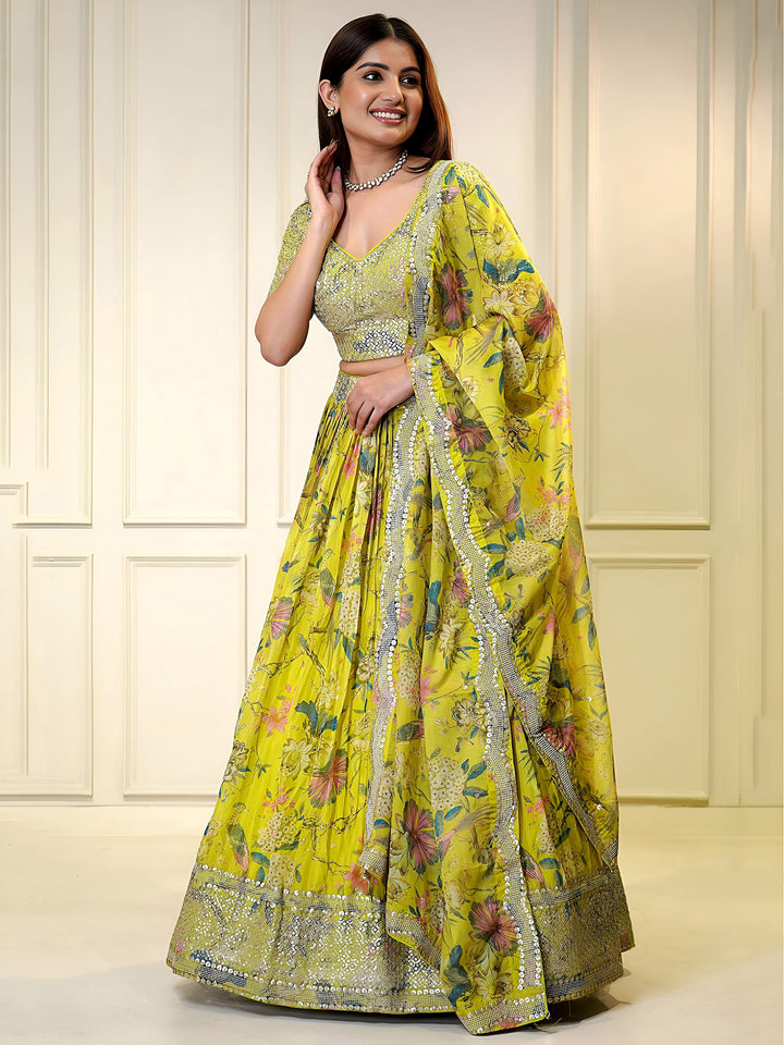 Yellow Organza Embroidered Semi Stitched Lehenga Choli with Dupatta