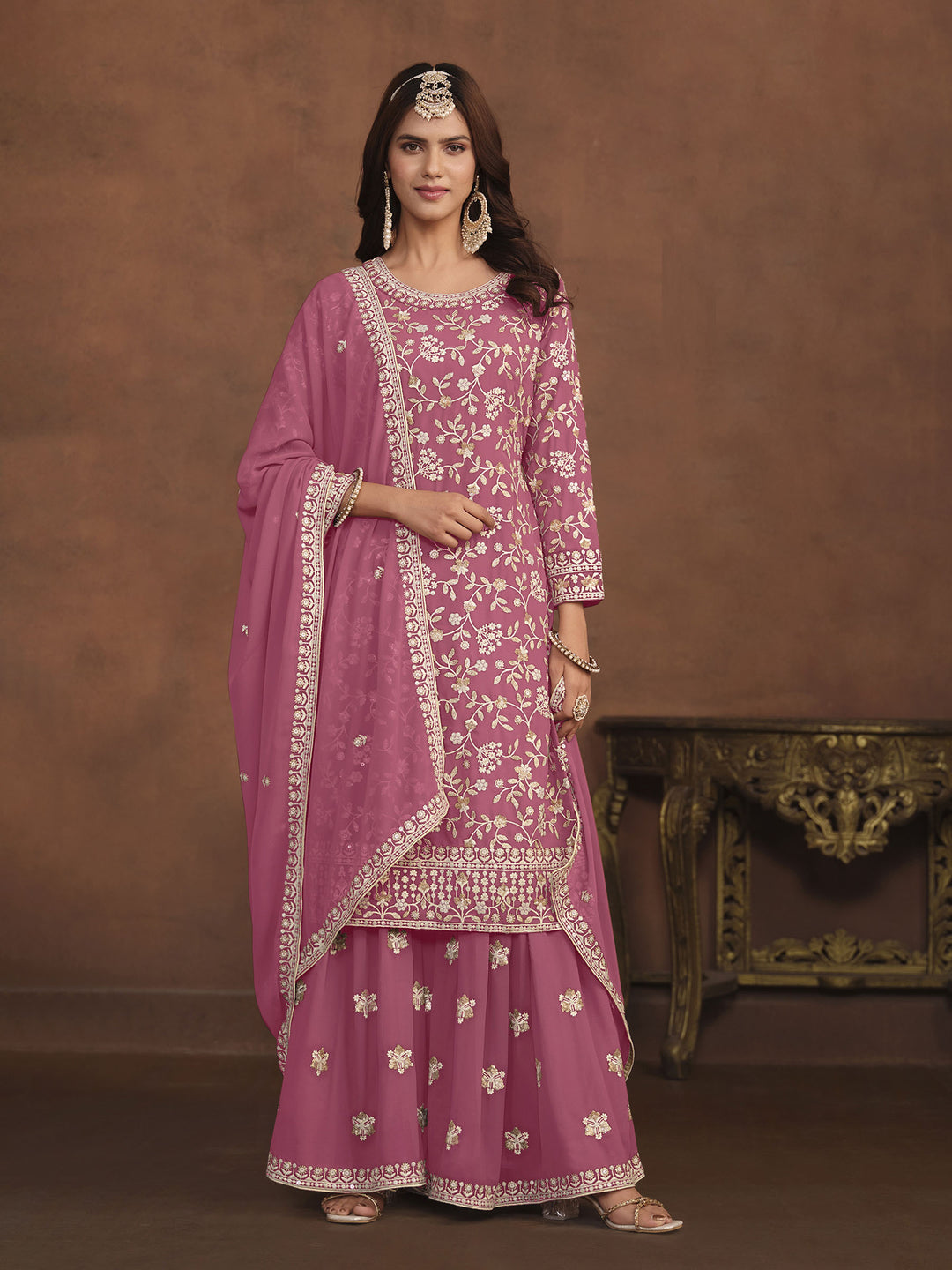 Pink Embroidered Georgette Semi Stitched Kurta With Palazzo &amp; Dupatta