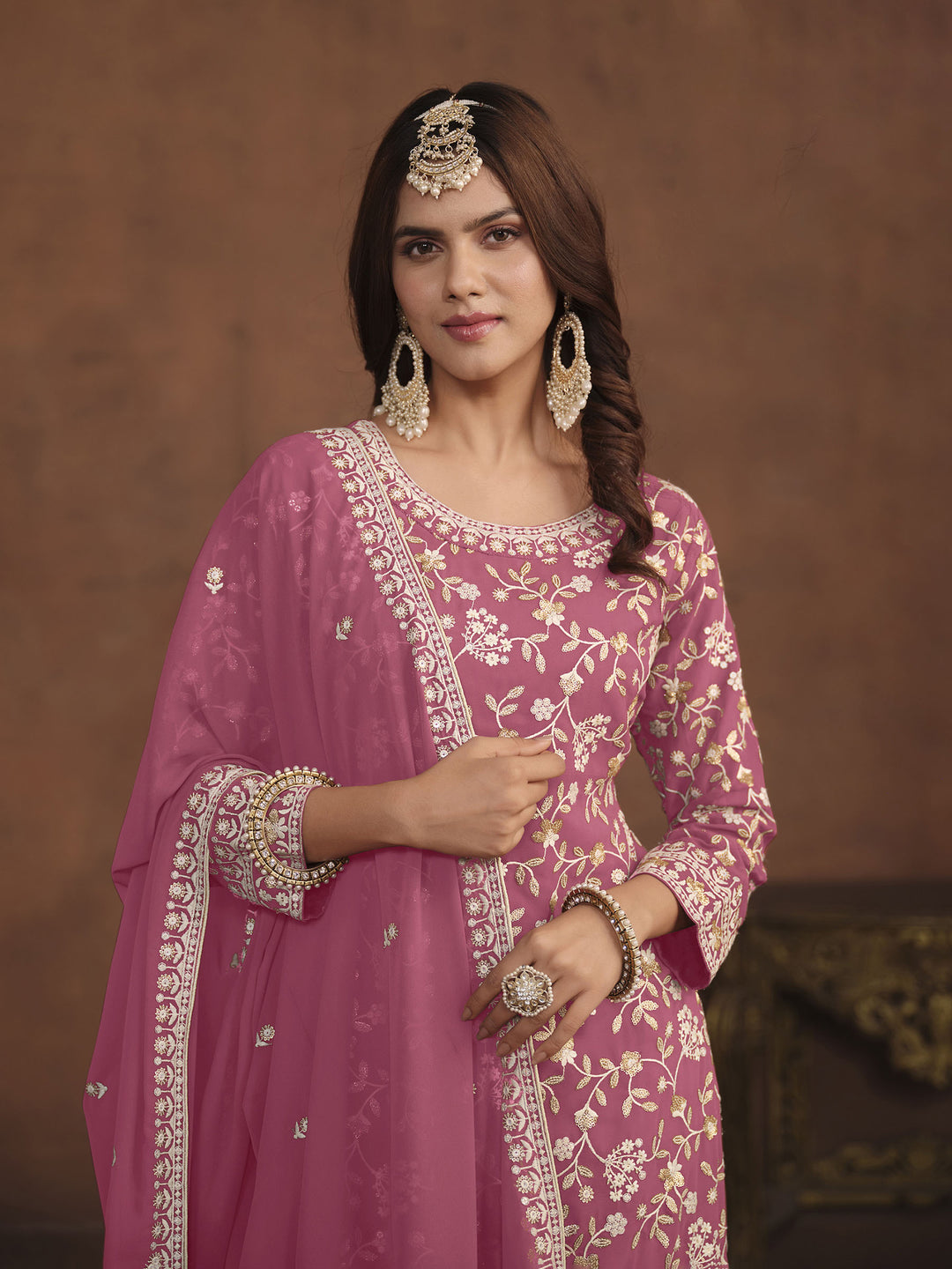 Pink Embroidered Georgette Semi Stitched Kurta With Palazzo &amp; Dupatta
