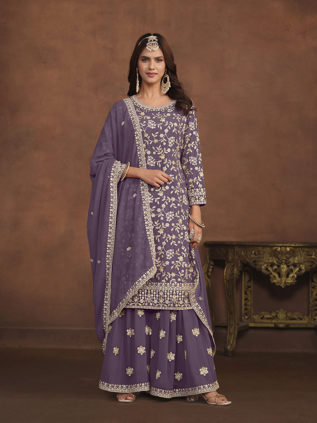 Purple Embroidered Georgette Semi Stitched Kurta With Palazzo &amp; Dupatta