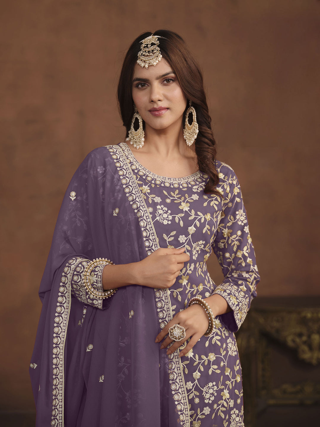 Purple Embroidered Georgette Semi Stitched Kurta With Palazzo &amp; Dupatta