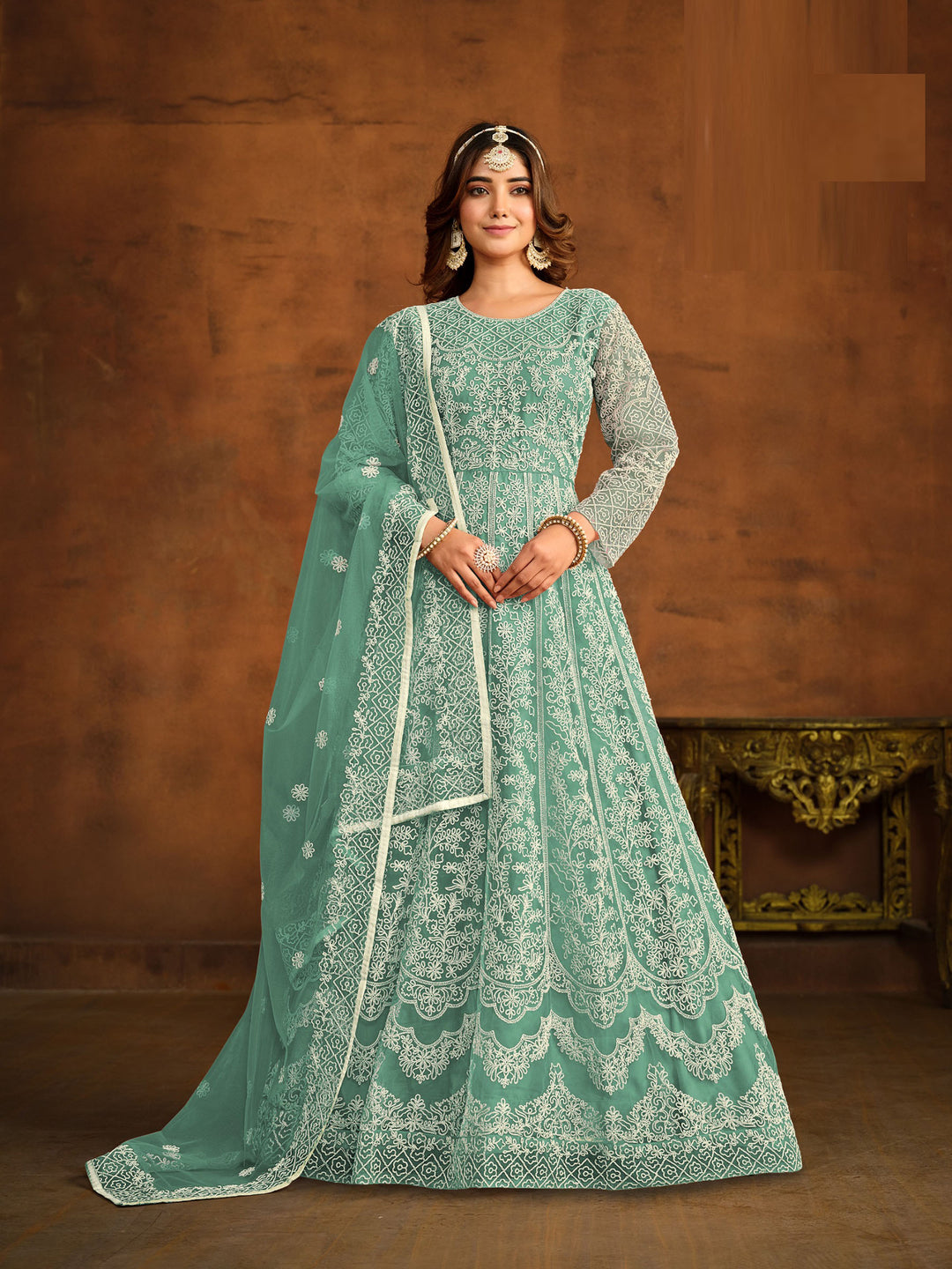 Teal Blue Embroidered Georgette Semi Stitched Kurta With Palazzo &amp; Dupatta
