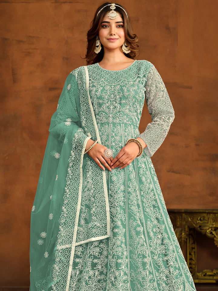 Teal Blue Embroidered Georgette Semi Stitched Kurta With Palazzo &amp; Dupatta