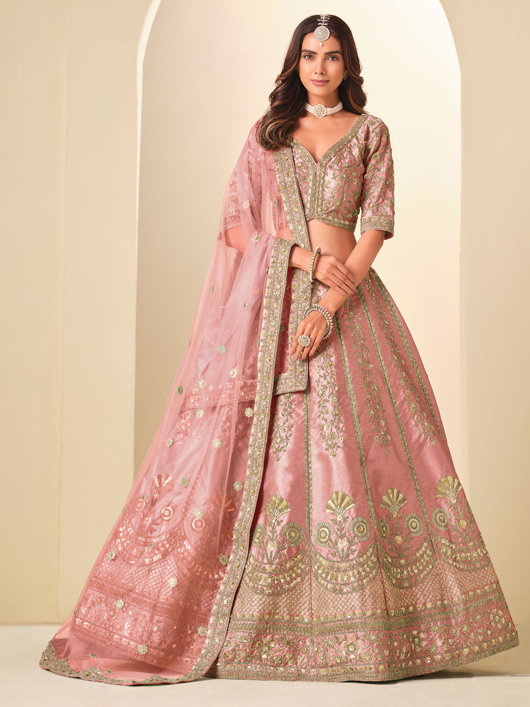 Pink Embroidered Art Silk Semi Stitched Kurta Choli With Lehenga &amp; Dupatta
